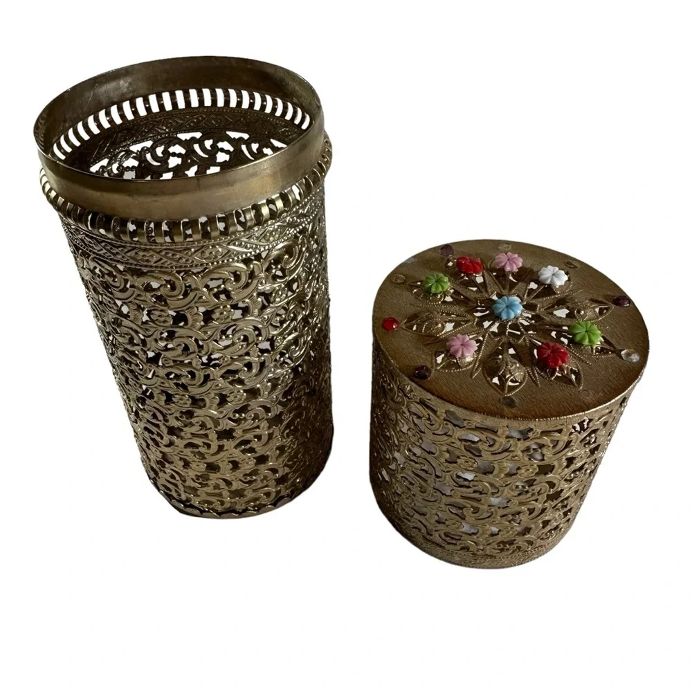 Vintage Gold Filigree Hairspray Can Holder Hollywood Regency Enamel Flowers